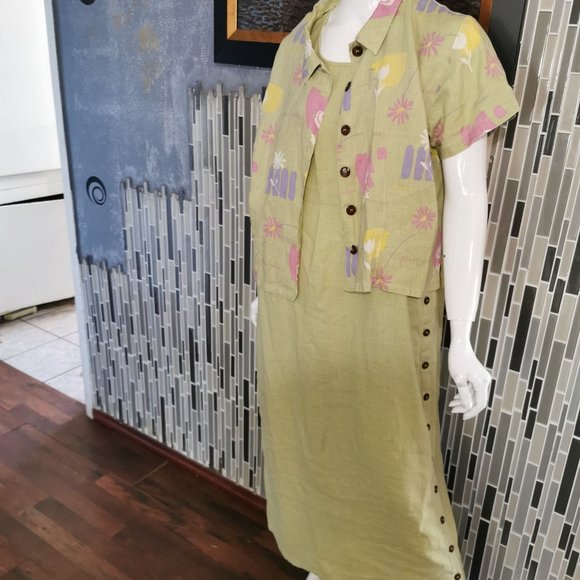 Kiko Comfortable Clothing Large Set Dress & Top Linen Green Button Side 0097 " - Picture 1 of 9